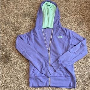 Purple & teal North Face zip up with hood